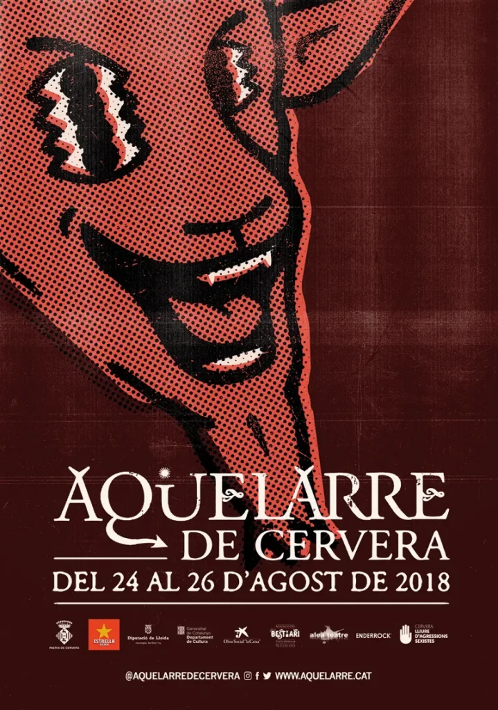 Cartell de l'Aquelarre de Cervera del 24 al 26 d'agost de 2018, amb la il·lustració d'un rostre de diable rient en vermell sobre fons granat