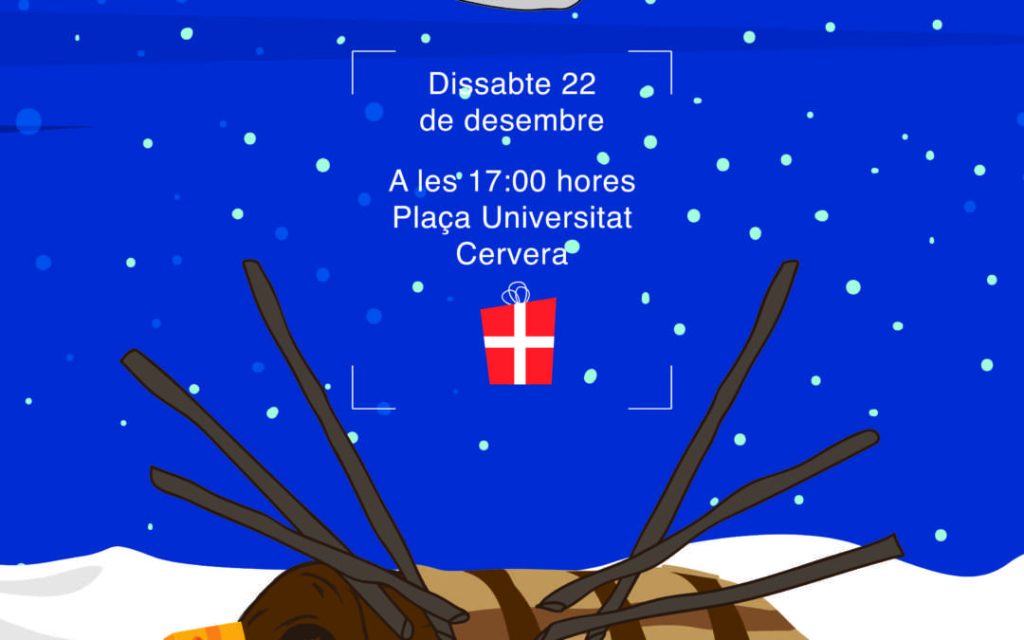 Il·lustració nadalenca sobre fons blau nevat amb un tió amb barretina i un paquet de regal, i el text que anuncia el cagatió del dissabte 22 de desembre a les 17 h a la plaça Universitat
