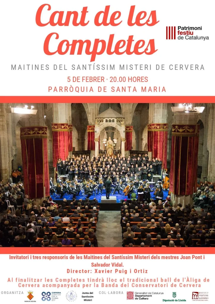 Cartell del Cant de les Completes, maitines del Santíssim Misteri de Cervera, amb una fotografia de l'orquestra i el cor actuant a la plena parròquia de Santa Maria el 5 de febrer