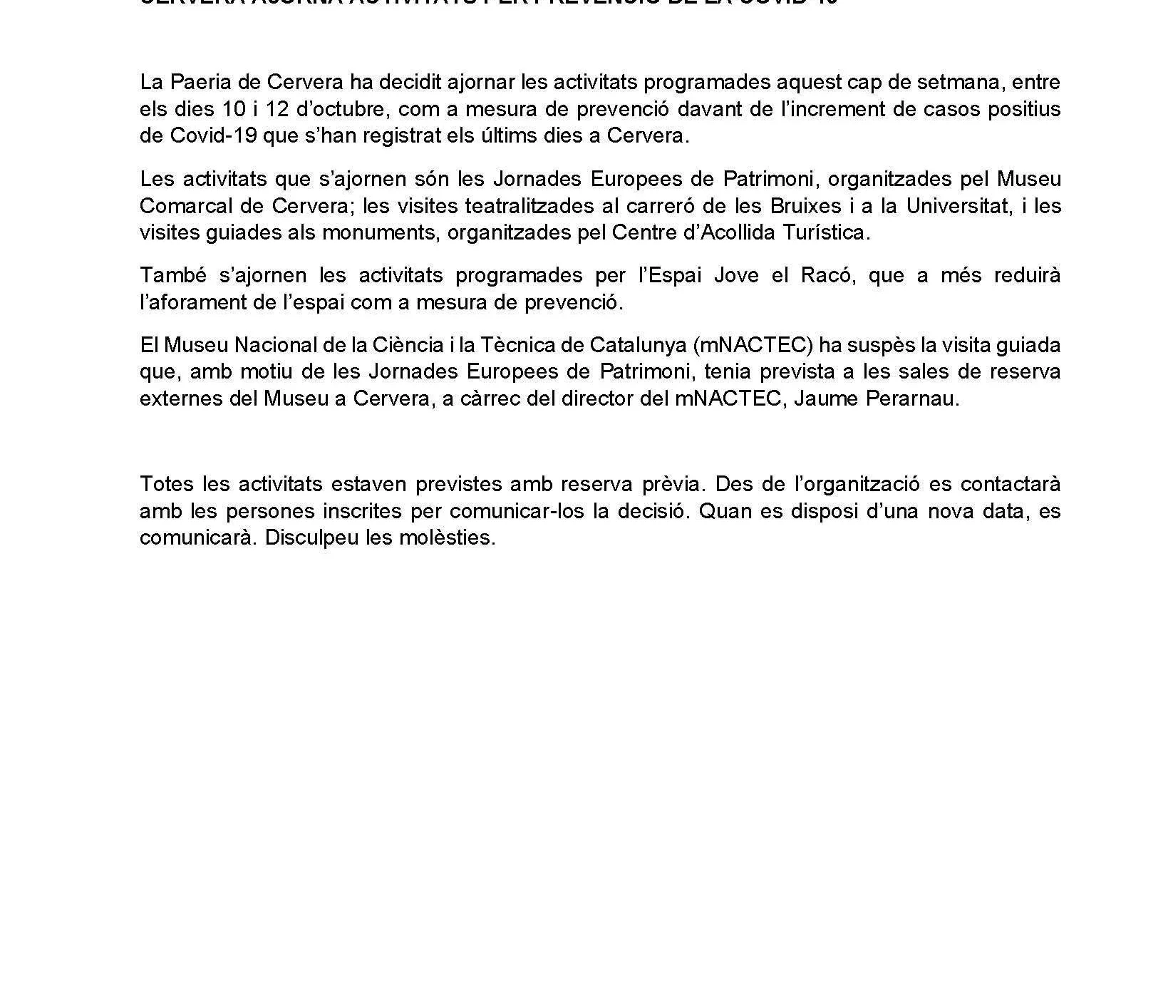 Cervera ajorna activitats per prevenció de la Covid-19