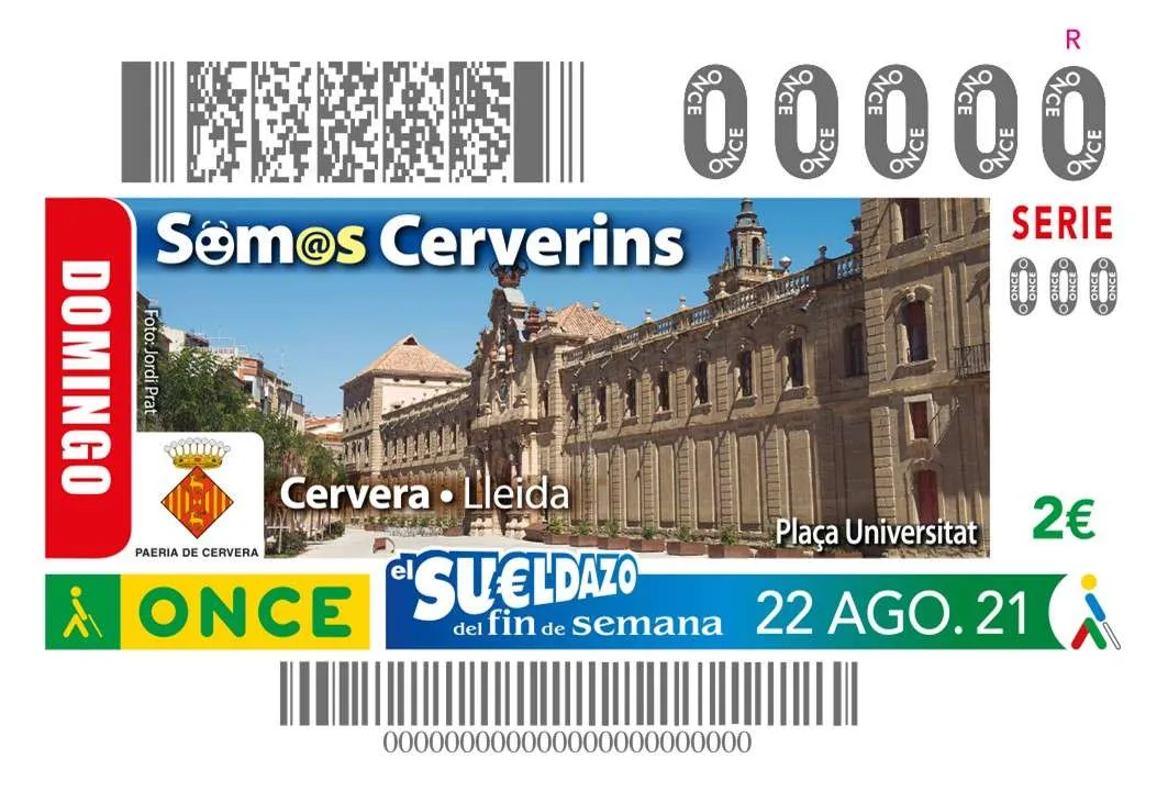 L’ONCE dedica a Cervera el cupó del sorteig del 22 d’agost