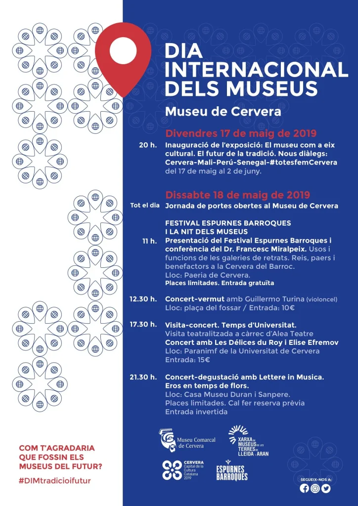 Cartell del Dia Internacional dels Museus al Museu de Cervera, amb una gran icona de localització vermella sobre fons blau i el programa dels dies 17 i 18 de maig de 2019