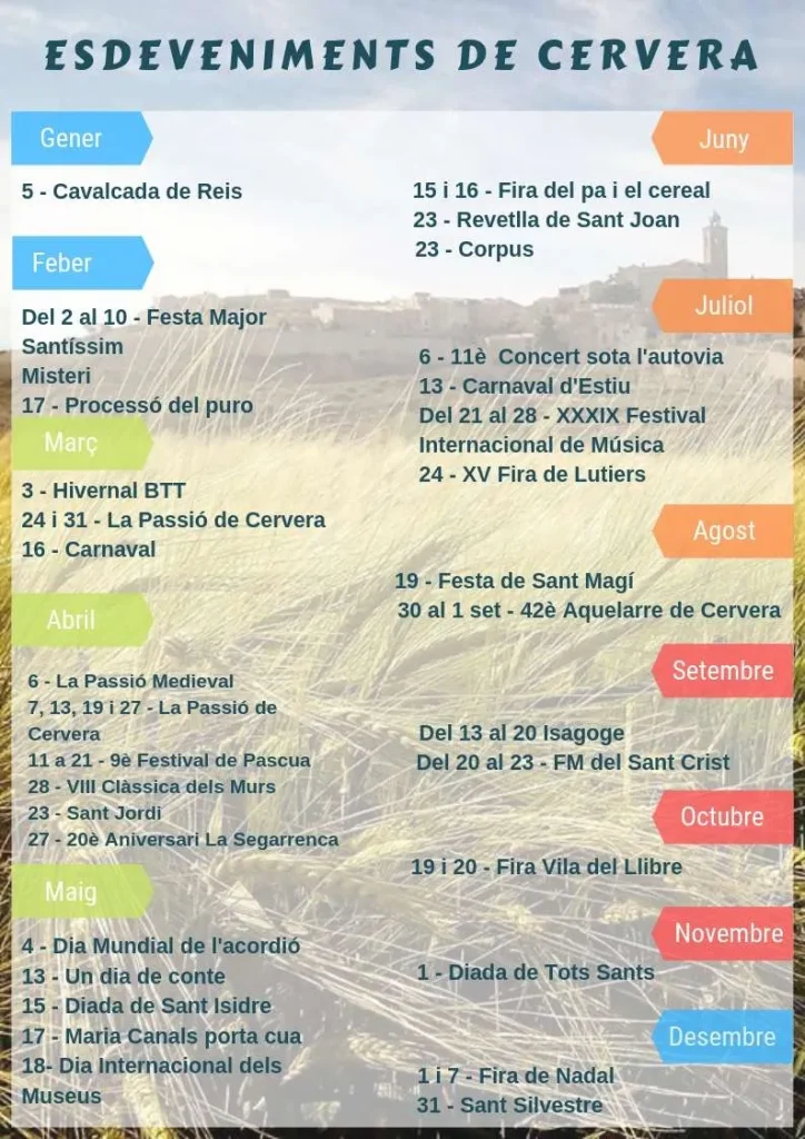 Calendari il·lustrat dels esdeveniments de Cervera del 2019, amb una fotografia d'un camp de blat i el perfil de la ciutat al fons, i els actes de cada mes en columnes de colors