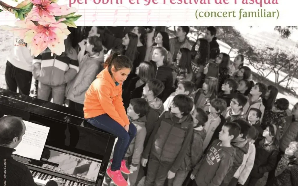 Cartell del concert familiar L'espill encantat, amb una fotografia en blanc i negre d'una nena asseguda damunt un piano de cua davant d'un grup de canalla, i una branca de flors roses