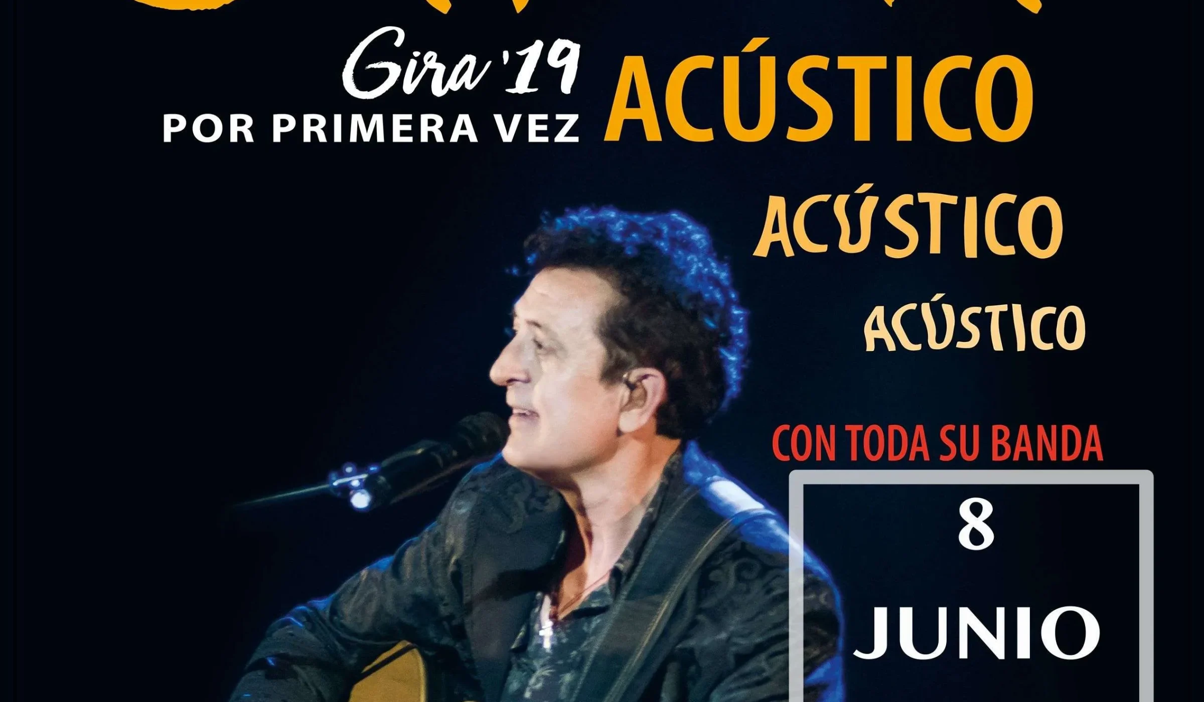 Cartell del concert acústic de Manolo García, amb una fotografia del cantant tocant la guitarra sobre fons negre, el 8 de juny a les 21 h al Gran Teatre de la Passió de Cervera