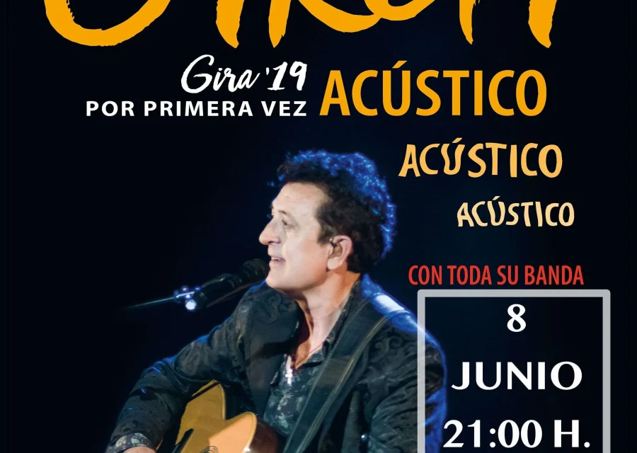 Cartell del concert acústic de Manolo García, amb una fotografia del cantant tocant la guitarra sobre fons negre, el 8 de juny a les 21 h al Gran Teatre de la Passió de Cervera
