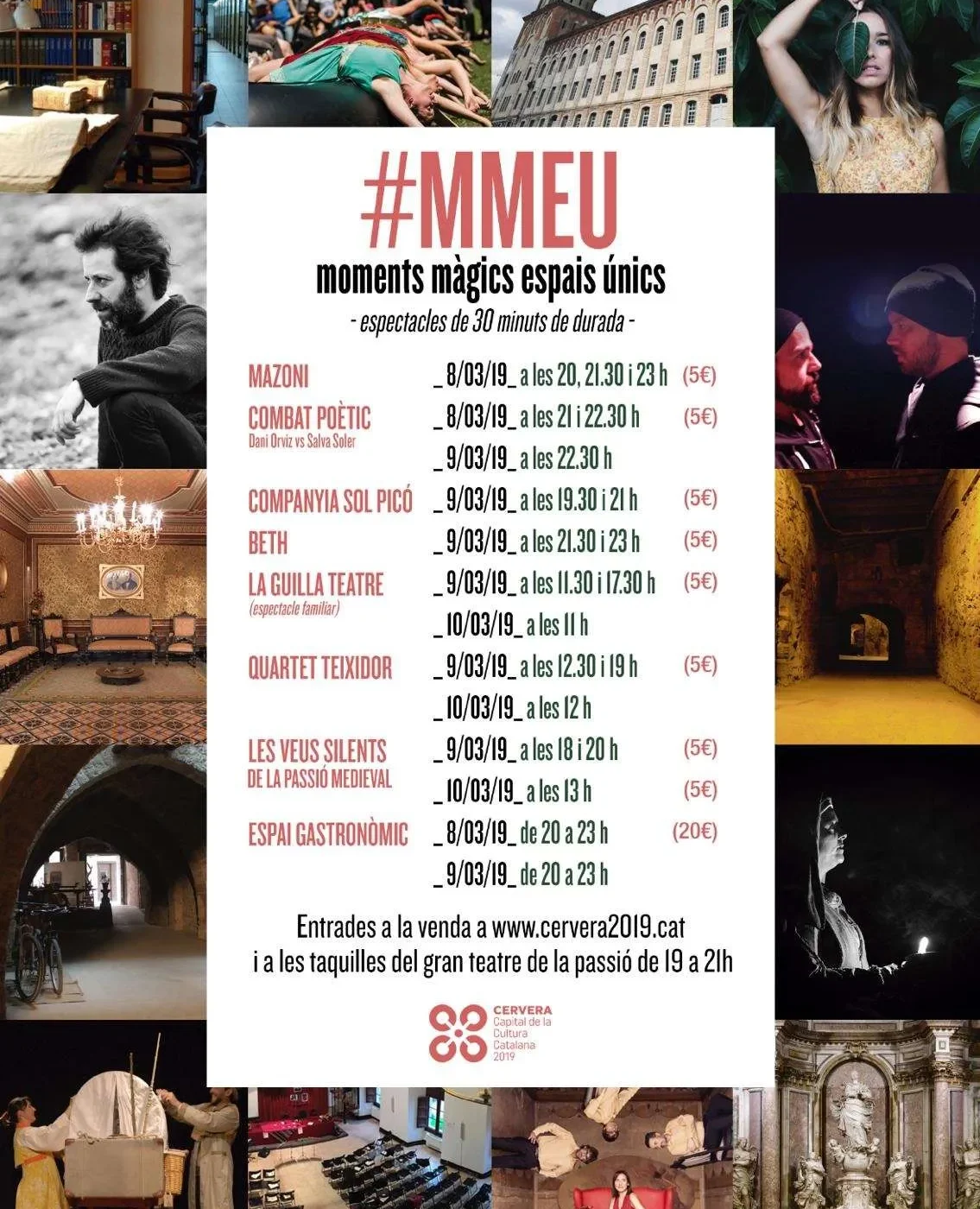 Cartell del cicle Moments Màgics Espais Únics (MMEU), amb un mosaic de fotografies dels espais i artistes al voltant del programa d'espectacles del 8 al 10 de març