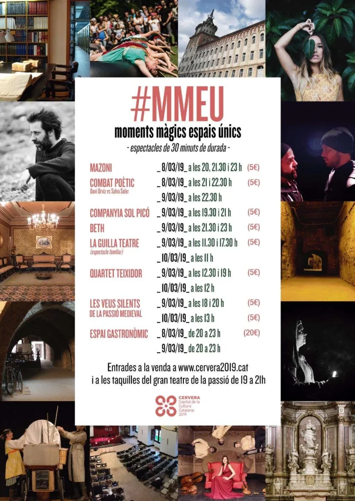 Cartell del cicle Moments Màgics Espais Únics (MMEU), amb un mosaic de fotografies dels espais i artistes al voltant del programa d'espectacles del 8 al 10 de març