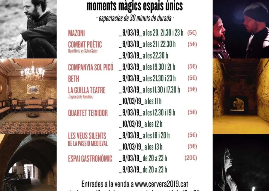 Cartell del cicle Moments Màgics Espais Únics (MMEU), amb un mosaic de fotografies dels espais i artistes al voltant del programa d'espectacles del 8 al 10 de març