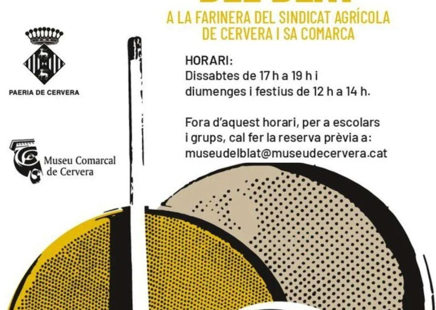 Cartell del Museu del Blat, amb una gran mola de molí estilitzada en groc i negre, l'anunci de la ubicació a la farinera del Sindicat Agrícola i els horaris de visita