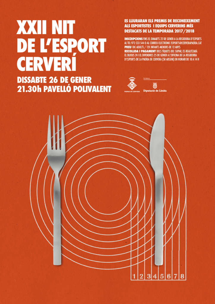 Cartell de la XXII Nit de l'Esport Cerverí, amb la il·lustració d'una forquilla i un ganivet damunt un plat dibuixat amb línies sobre fons taronja, el 26 de gener al Pavelló Polivalent