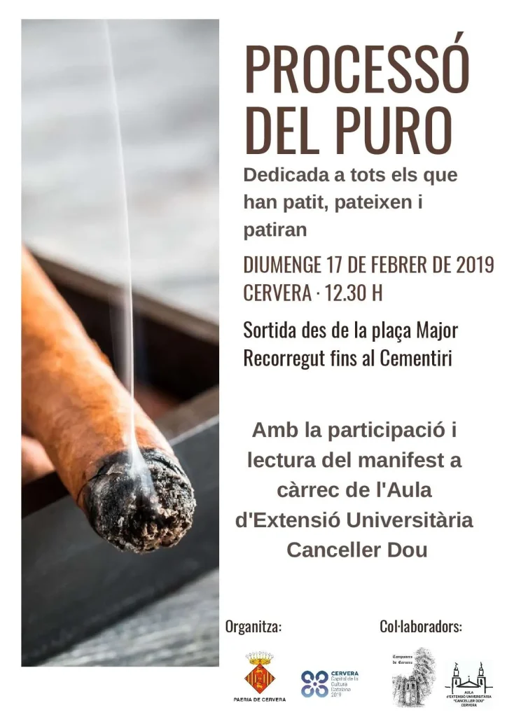Cartell de la Processó del Puro del diumenge 17 de febrer de 2019, amb la fotografia en primer pla d'un cigar encès deixant anar un fil de fum, i el recorregut de la plaça Major fins al cementiri