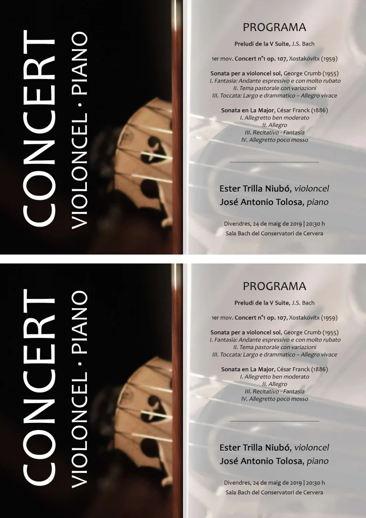 Full d'impressió amb dues còpies idèntiques del programa de mà d'un concert de violoncel i piano, amb la fotografia d'un violoncel i el repertori d'Ester Trilla i José Antonio Tolosa