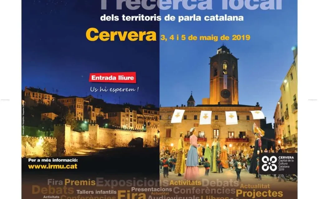 Cartell del Recercat, jornada de cultura i recerca local dels territoris de parla catalana, amb dues fotografies nocturnes de la muralla i de la plaça de Cervera amb gegants, del 3 al 5 de maig de 2019