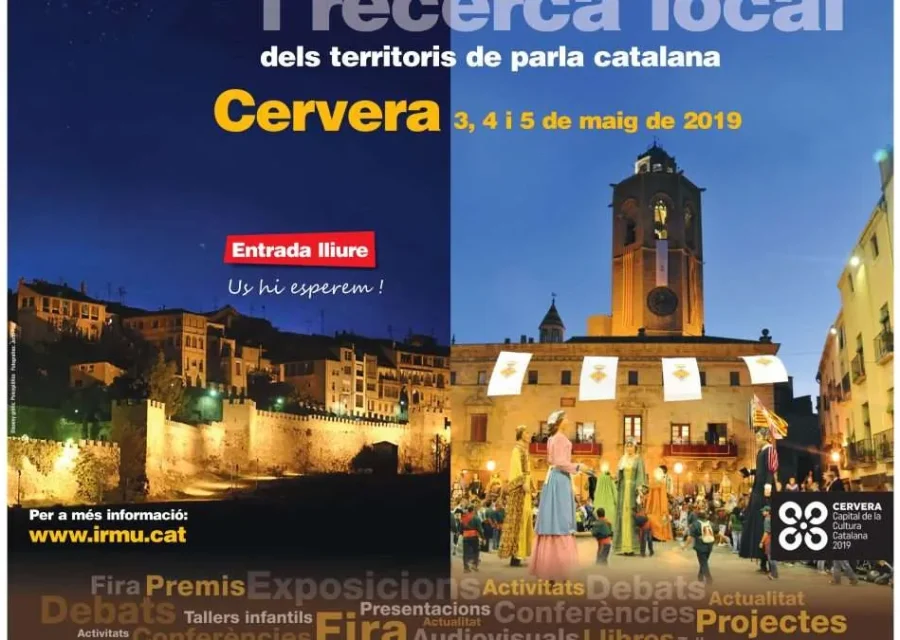Cartell del Recercat, jornada de cultura i recerca local dels territoris de parla catalana, amb dues fotografies nocturnes de la muralla i de la plaça de Cervera amb gegants, del 3 al 5 de maig de 2019