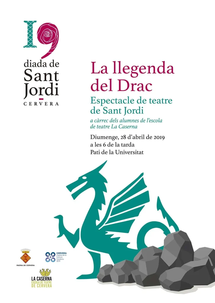 Cartell de l'espectacle La llegenda del Drac per la Diada de Sant Jordi, amb la il·lustració d'un drac verd damunt unes roques, el 28 d'abril al pati de la Universitat