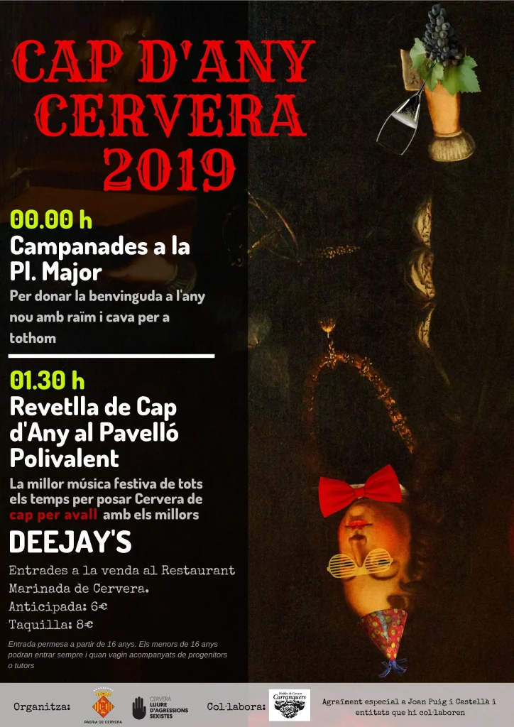 Cartell de Cap d'Any Cervera 2019, amb la fotografia d'un ninot amb barret de festa sobre fons fosc, les campanades a la plaça Major a mitjanit i la revetlla al Pavelló Polivalent