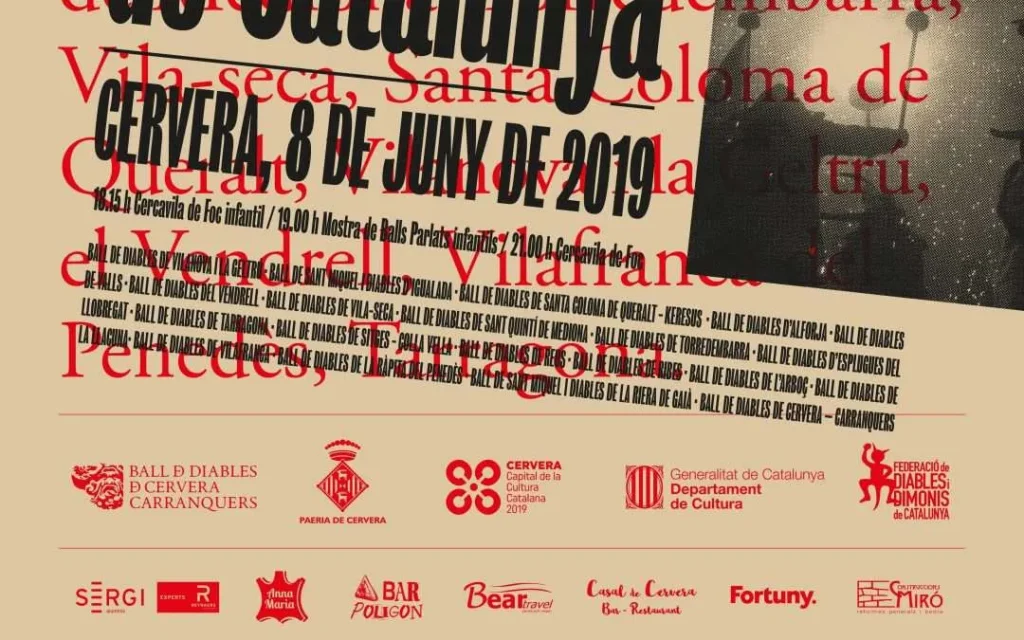 Cartell de la Trobada Nacional de Ball de Diables de Catalunya del 8 de juny de 2019 a Cervera, amb els noms de les colles participants superposats sobre una imatge fosca de foc