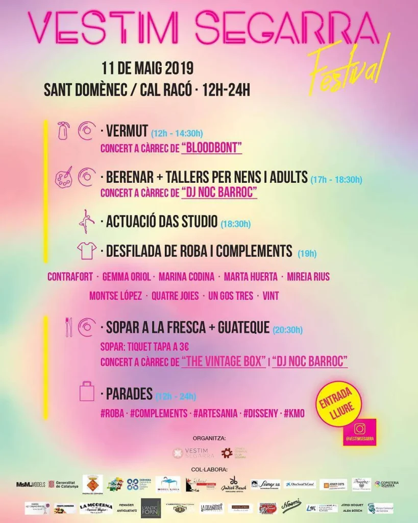 Cartell del Vestim Segarra Festival de l'11 de maig de 2019 a Sant Domènec i Cal Racó, amb el programa d'activitats en degradat rosa i groc: vermut, tallers, desfilada de roba i sopar