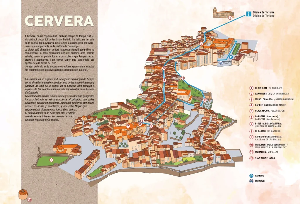Plànol de Cervera amb la ruta genèrica pels principals monuments